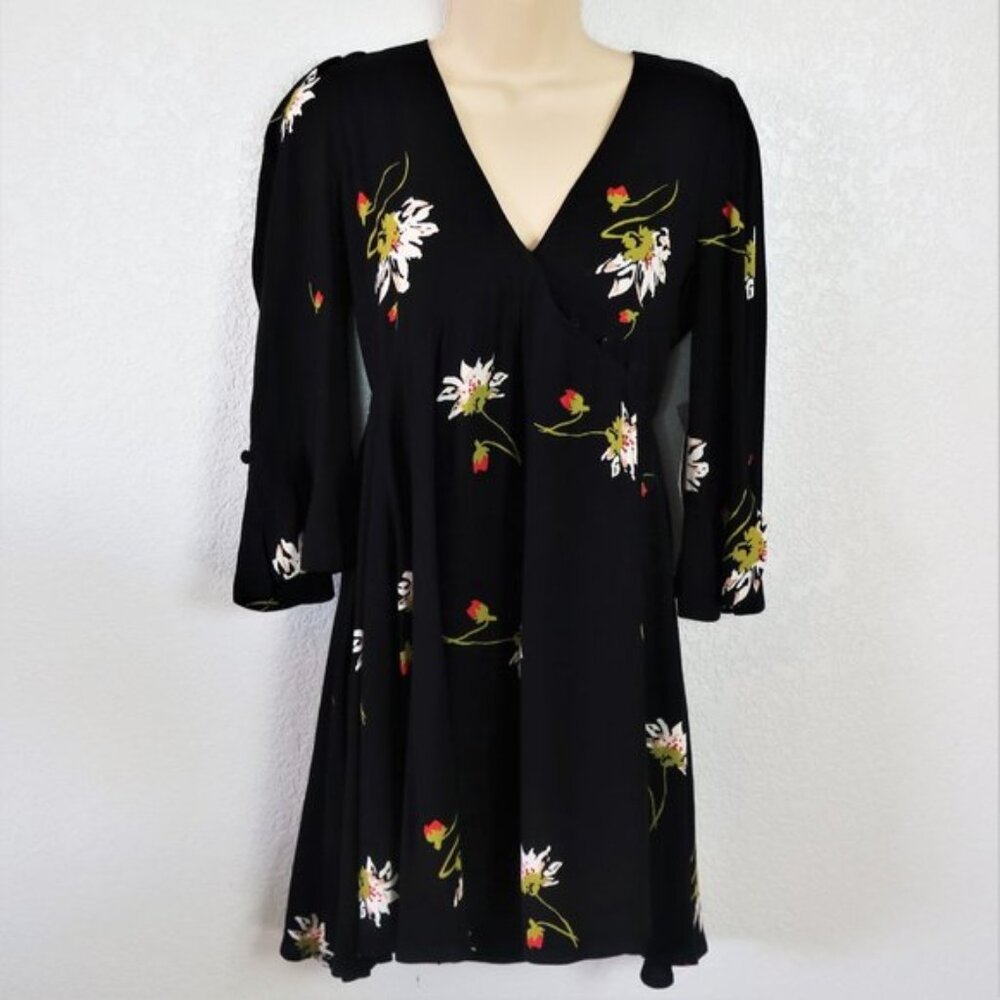 Free People XS Mini Dress Black Flowy Wrap Time On My Side Boho